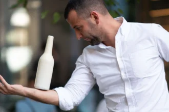 Mężczyzna w czarnej koszulce, z zarostem, stojący na zewnątrz. Trzyma w lewej dłoni białą butelkę, którą ogląda z zaciekawieniem, patrząc na nią z profilu.